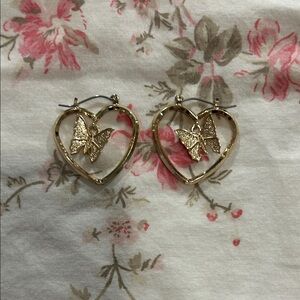 Gold Heart Hoop Earrings with Butterfly Charm